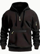 Men’s black full size half zip long sleeve hoodie with black drawstrings and zippered pocket details