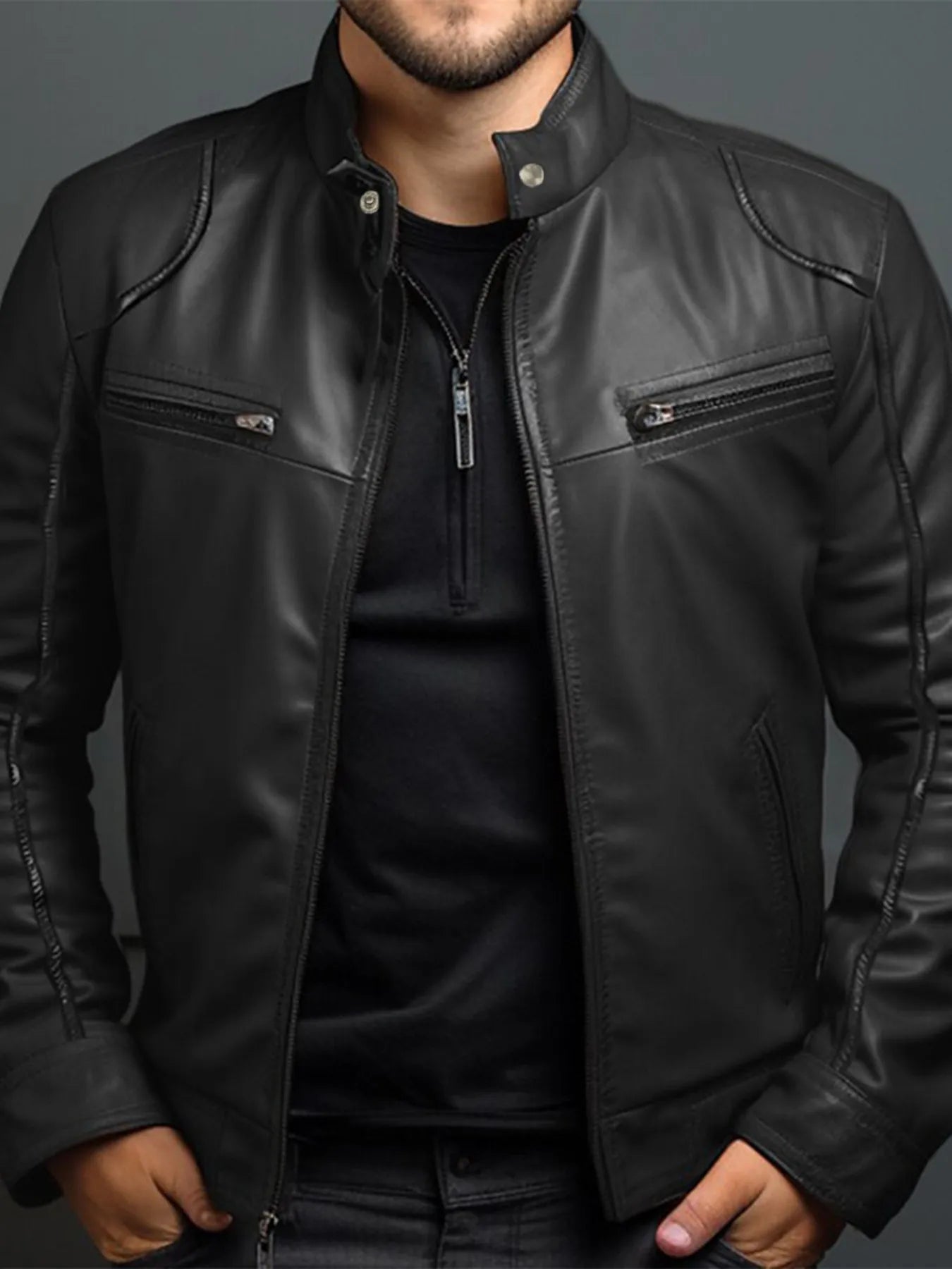 Men’s black PU leather motorcycle jacket with zipper front, stand collar and zippered chest pockets, available in sizes Small–5XL.