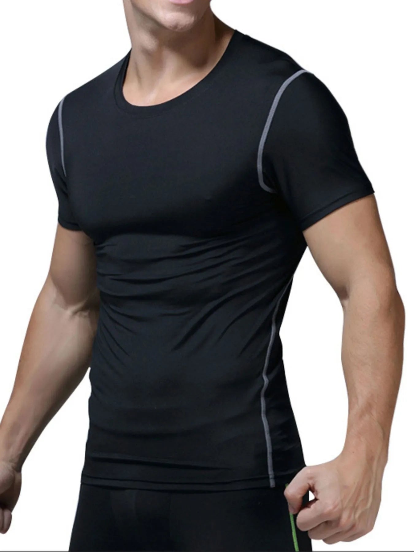 Men’s black performance moisture-wicking short sleeve athletic T-shirt with lightweight breathable stretch fabric.