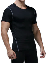 Men’s black performance moisture-wicking short sleeve athletic T-shirt with lightweight breathable stretch fabric.