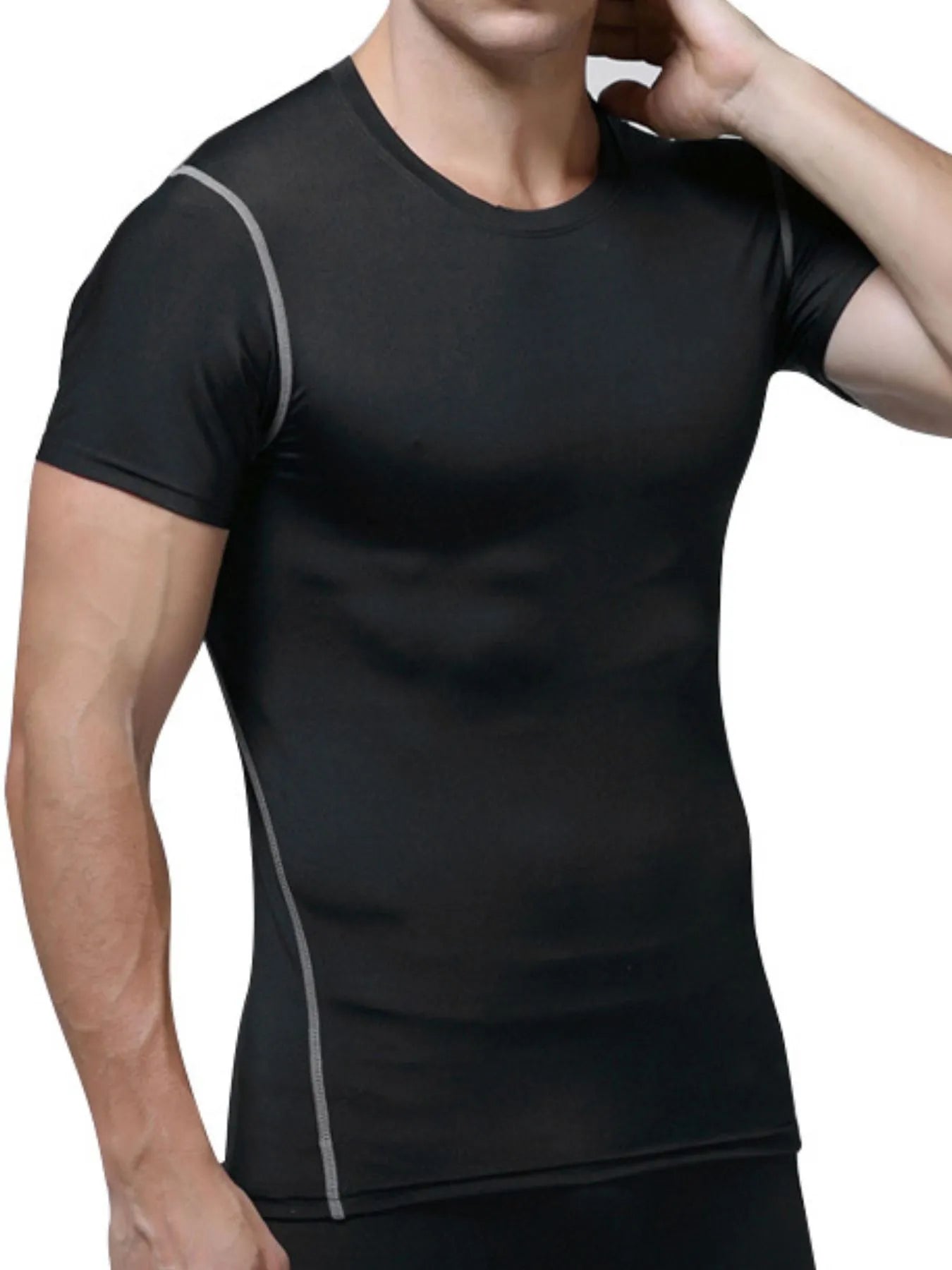 Men’s black performance moisture-wicking short sleeve athletic T-shirt with lightweight breathable stretch fabric.
