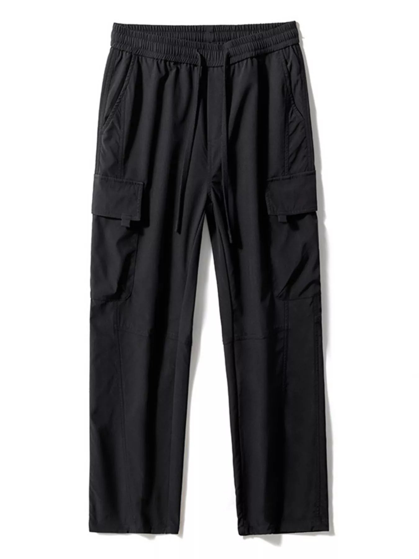 Men’s black plus size cargo wide leg pants with drawstring waist and utility pockets, sizes Medium–4XL.