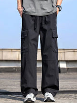 Men’s black plus size cargo wide leg pants with drawstring waist and utility pockets, sizes Medium–4XL.