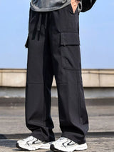 Men’s black plus size cargo wide leg pants with drawstring waist and utility pockets, sizes Medium–4XL.
