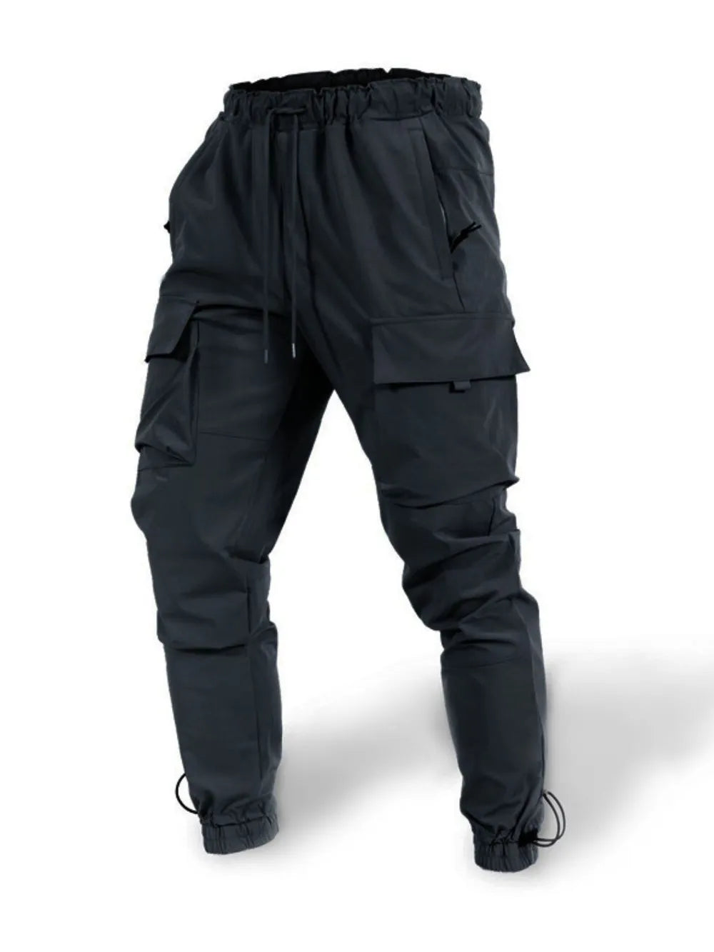 Men’s plus size black drawstring cargo pants with multiple utility pockets and gathered ankles
