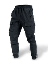 Men’s plus size black drawstring cargo pants with multiple utility pockets and gathered ankles