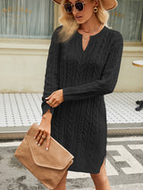 Black notched neck cable-knit long sleeve sweater dress with side slit for women