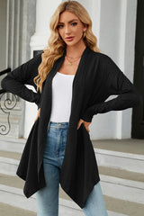 Women's Open Front Long Sleeve Cardigan in black layered over a white tank and blue jeans, lightweight long cardigan for fall outfits, available in nine colors at Chic Mystik Boutique.