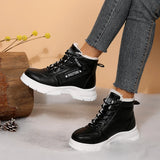 Women’s fleece-lined lace-up combat boots with chunky rubber sole and side detail, available in khaki, black and white.
