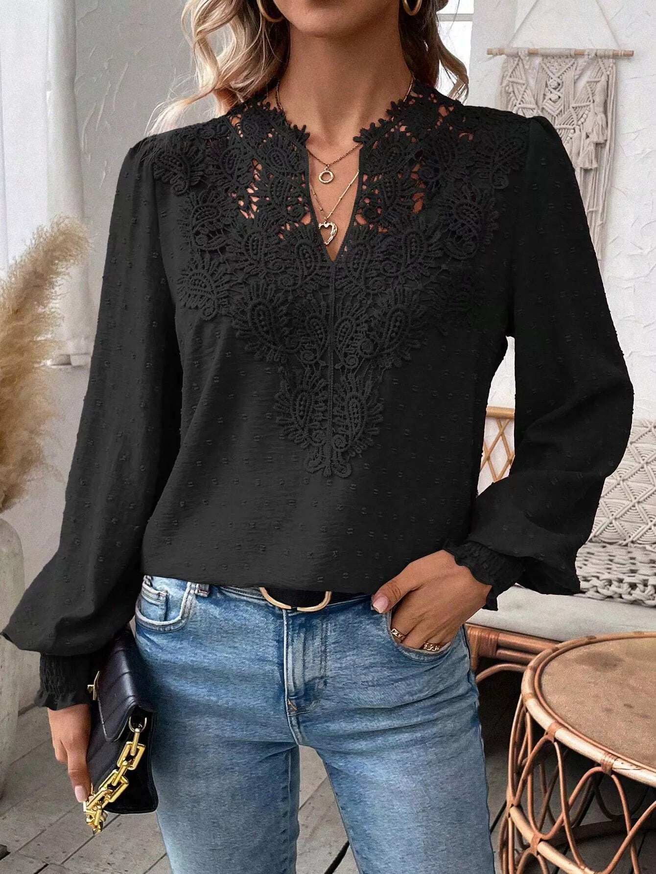 Women’s Swiss Dot Lace Detail Long Sleeve Blouse in black with V-neck lace detailing and long sleeves, available in sizes S–2XL.
