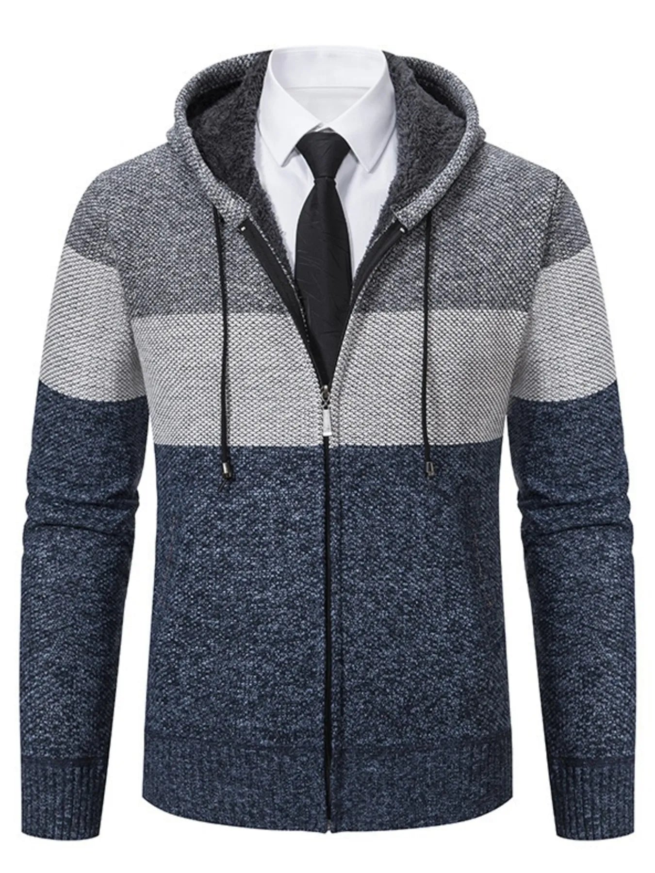 Men’s plus size blue, gray and dark gray color block hooded zip-up cable-knit cardigan