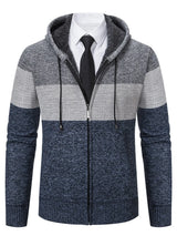 Men’s plus size blue, gray and dark gray color block hooded zip-up cable-knit cardigan
