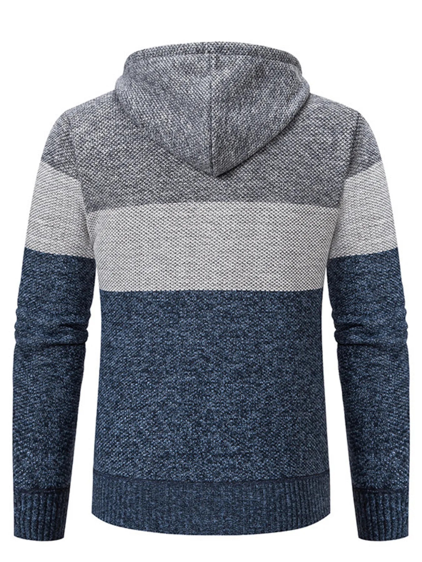 Men’s plus size blue, gray and dark gray color block hooded zip-up cable-knit cardigan