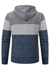 Men’s plus size blue, gray and dark gray color block hooded zip-up cable-knit cardigan