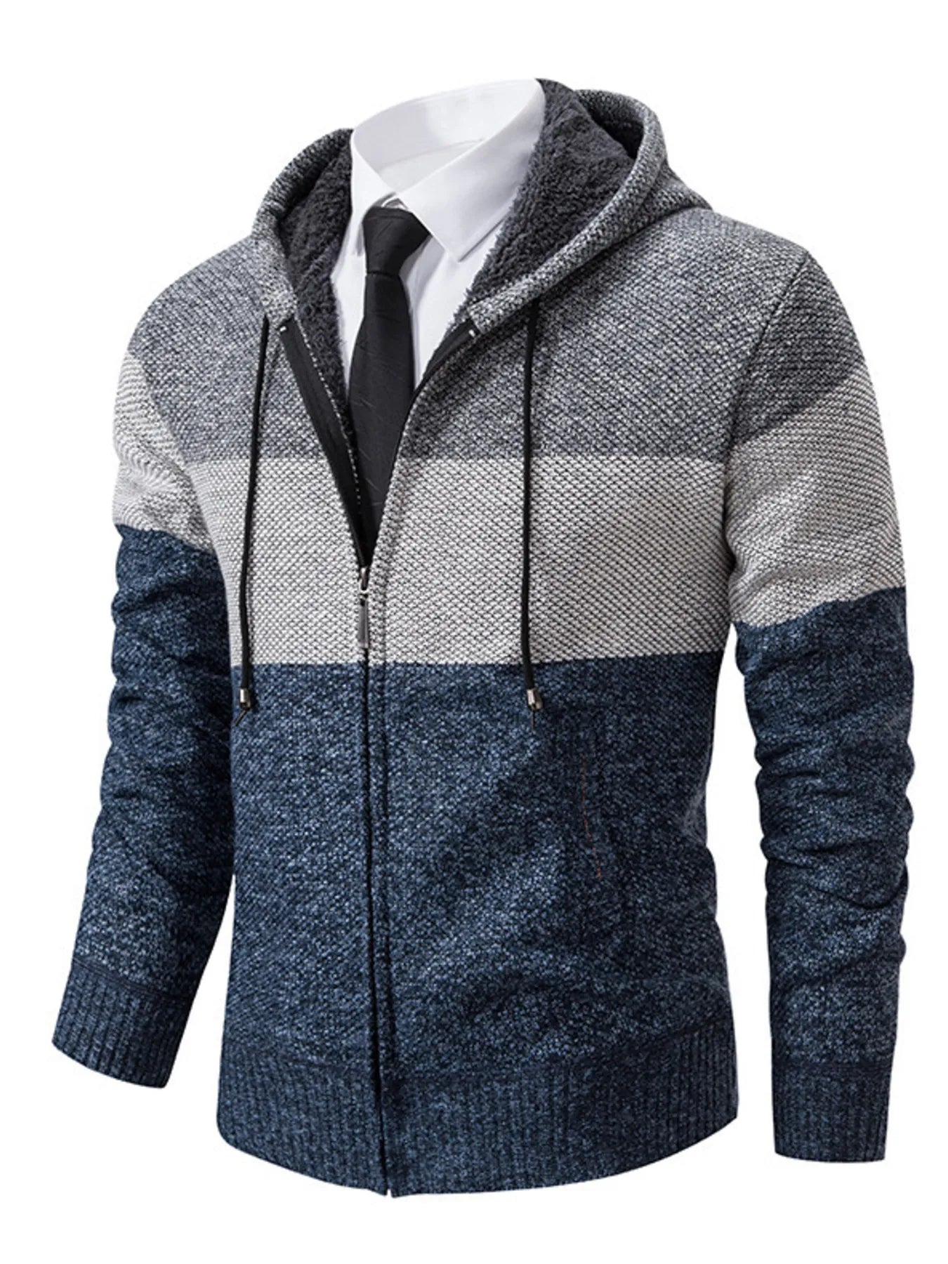 Men’s plus size blue, gray and dark gray color block hooded zip-up cable-knit cardigan