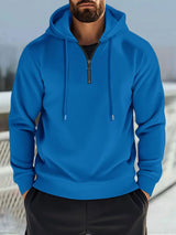 Men’s blue full size quarter zip long sleeve drawstring hoodie