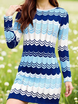 Blue, dark blue and white wave pattern long sleeve openwork sweater mini dress for women