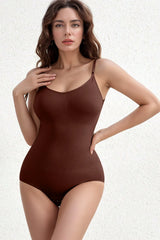 Three Basic Bae scoop-neck butt-lifting bodysuits in black, brown, and dust storm, featuring a smoothing silhouette and comfortable stretch fabric.