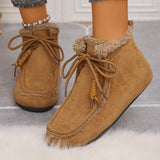 Women’s suede lace-up flat ankle boots with cozy fluffy trim in brown.