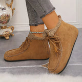 Women’s suede lace-up flat ankle boots with cozy fluffy trim in brown.
