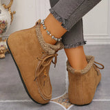 Women’s suede lace-up flat ankle boots with cozy fluffy trim in brown.