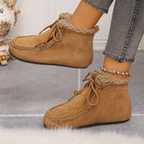 Women’s suede lace-up flat ankle boots with cozy fluffy trim in brown.