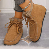 Women’s suede lace-up flat ankle boots with cozy fluffy trim in brown.
