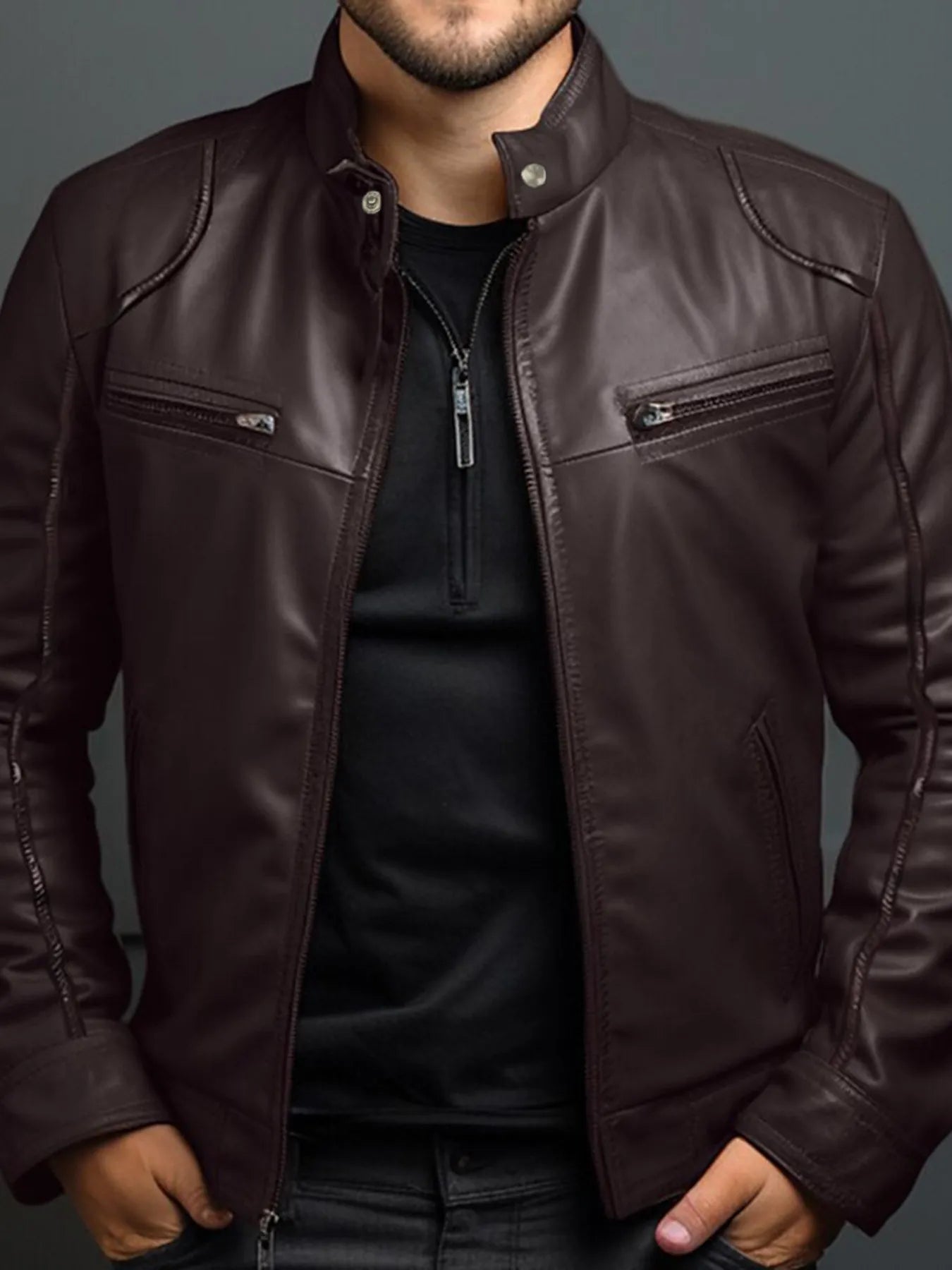 Men’s brown PU leather motorcycle jacket with zipper front, stand collar and zippered chest pockets, available in sizes Small–5XL.
