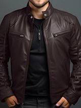Men’s brown PU leather motorcycle jacket with zipper front, stand collar and zippered chest pockets, available in sizes Small–5XL.