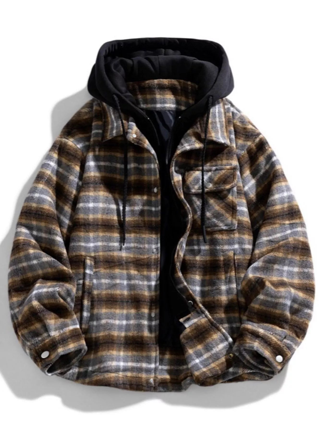 Men’s plus size plaid shirt jacket with black drawstring hood, button front and pockets, available in sizes M–4XL.