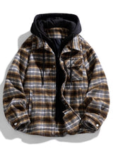 Men’s plus size plaid shirt jacket with black drawstring hood, button front and pockets, available in sizes M–4XL.