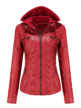 A burgundy faux leather moto jacket with detachable drawstring hood, front zipper, seam detailing and zippered pockets.