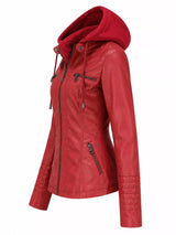 A burgundy faux leather moto jacket with detachable drawstring hood, front zipper, seam detailing and zippered pockets.