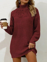 Burgundy plus size turtleneck sweater dress with fringe neckline and long sleeves