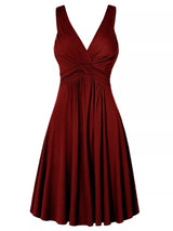 Burgundy twisted sleeveless ruched waist A-line dress in plus sizes Small through 5XL