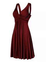 Burgundy twisted sleeveless ruched waist A-line dress in plus sizes Small through 5XL