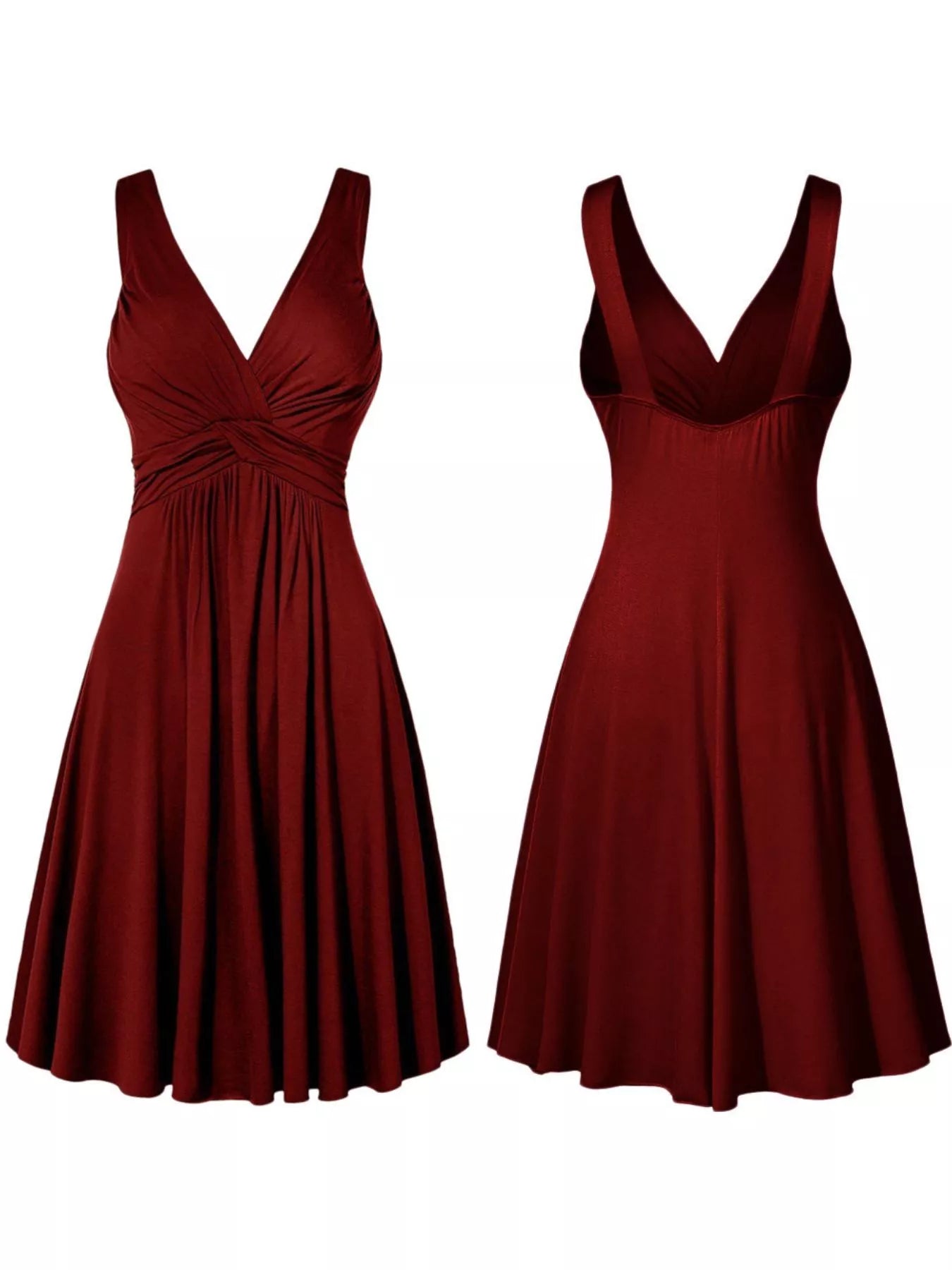 Burgundy twisted sleeveless ruched waist A-line dress in plus sizes Small through 5XL