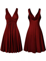 Burgundy twisted sleeveless ruched waist A-line dress in plus sizes Small through 5XL