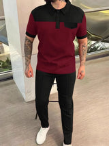 Men’s plus size burgundy and black waffle-knit contrast short sleeve top and pants set, available in sizes Small–3XL.
