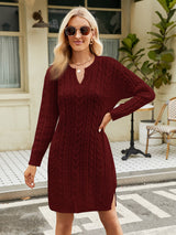 Burgundy notched neck cable-knit long sleeve sweater dress with side slit for women