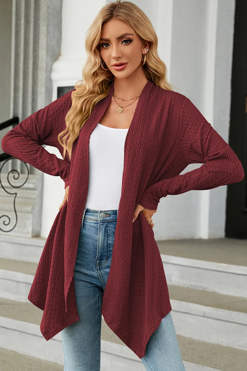 Women's Open Front Long Sleeve Cardigan in burgundy layered over a white tank and blue jeans, lightweight long cardigan for fall outfits, available in nine colors at Chic Mystik Boutique.