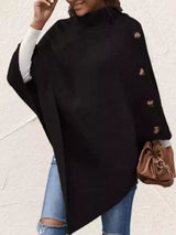 Women's black button-decor turtleneck poncho pullover with relaxed knit silhouette and draped hem.