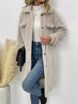 Women’s apricot textured button-down longline outerwear with pockets styled with a cream top and jeans