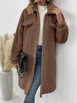 Women’s coffee brown textured button-down longline outerwear with pockets styled with a cream top and jeans