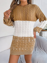 Women's camel cable-knit round neck color block sweater dress featuring long sleeves and cozy textured knit.