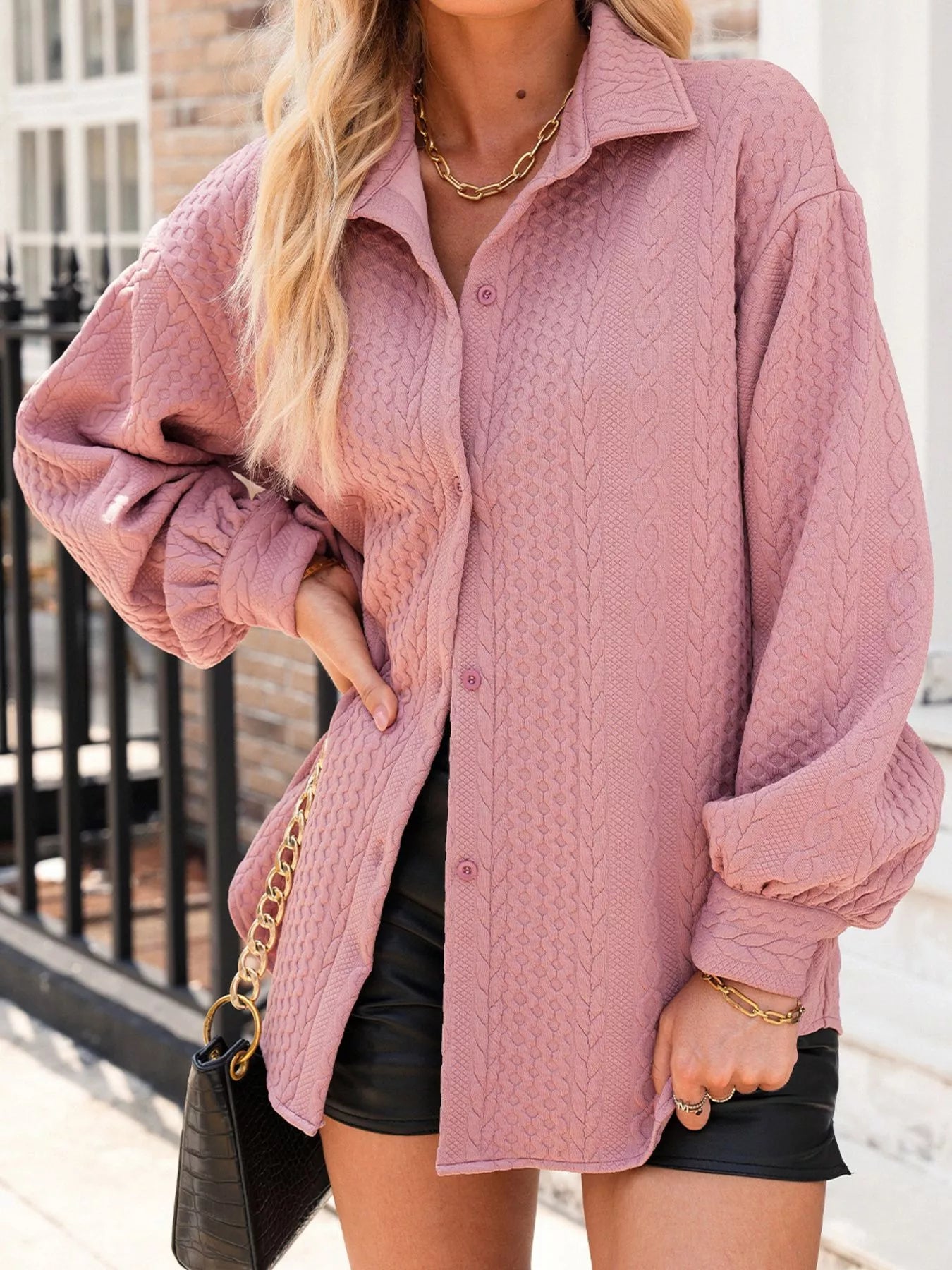 Layer your favorite fall looks with our Cable Texture Puff Sleeve Shacket. Available in Gray, White, and Pink, this cozy button-up shacket combines timeless texture with everyday comfort for effortless seasonal style.