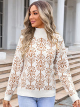 Women’s camel and cream floral turtleneck long sleeve sweater with allover flower pattern.