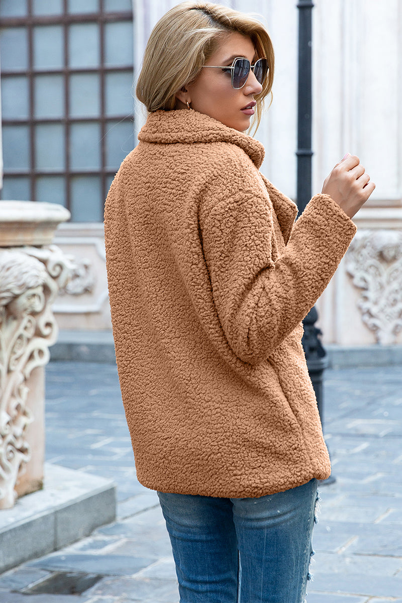 Ivy Lane women's camel sherpa coat with lapel collar, double-breasted button front, long sleeves, and textured fabric, available in sizes S–5XL.