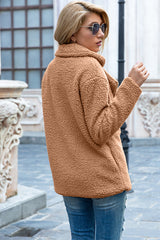 Ivy Lane women's camel sherpa coat with lapel collar, double-breasted button front, long sleeves, and textured fabric, available in sizes S–5XL.
