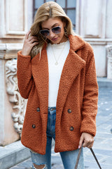 Ivy Lane women's caramel sherpa coat with lapel collar, double-breasted button front, long sleeves, and textured fabric, available in sizes S–5XL.
